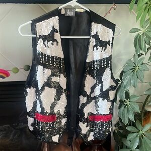 Vintage Modi Sequin Vest Horse black white and red Womens Size Medium